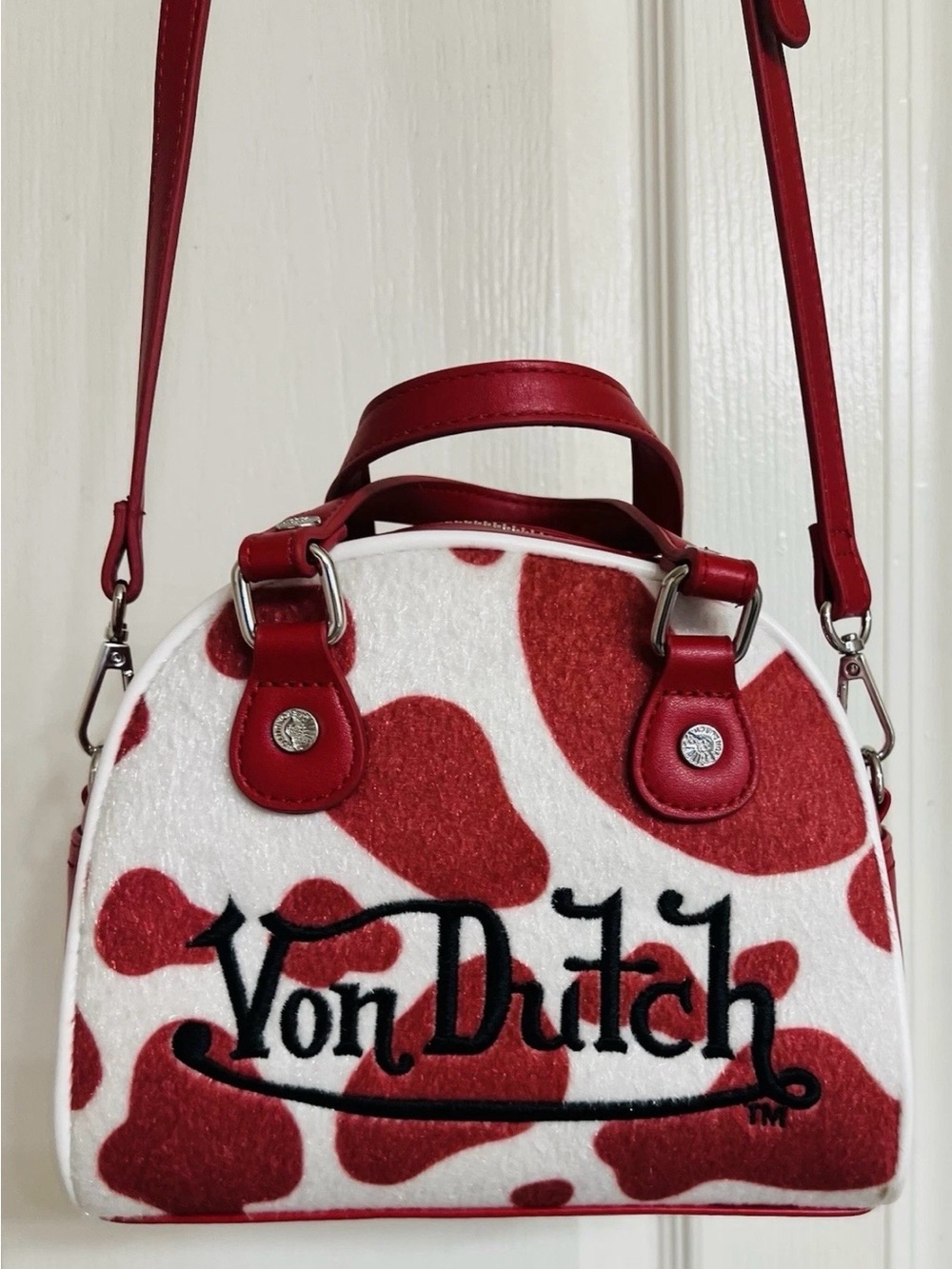 Von Dutch Red and White cow print Crossbody Bag NWT